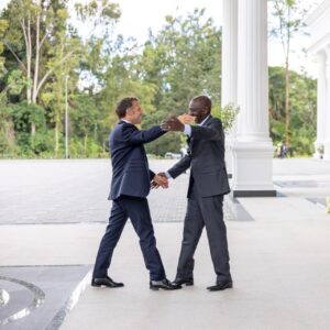 President Emmanuel Macron, in a cordial bilateral meeting with President William Ruto at State House, Nairobi, ahead of the Africa Forward Summit. Credit: State Department for Foreign Affairs, Kenya.